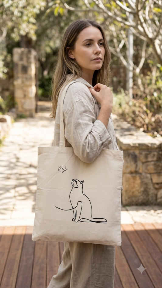 Cream cotton tote bag printed with a single-line drawing of a cat looking up at a butterfly