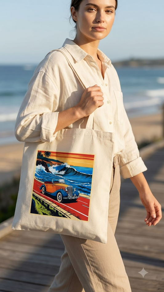 Cream cotton tote bag with a full-colour print of an orange vintage car driving a coastal road beside a breaking wave