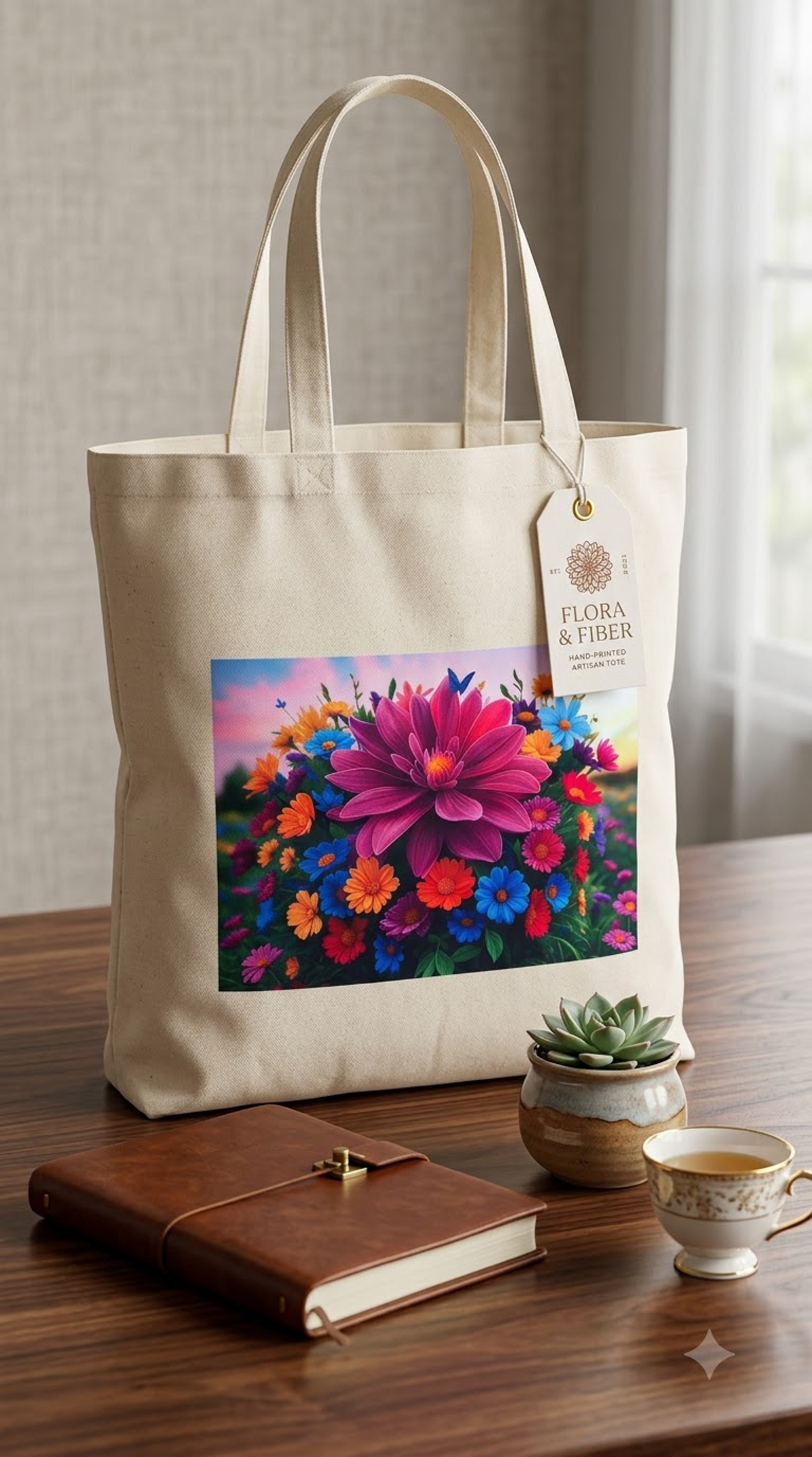 Cream cotton tote bag with a full-colour photographic print of a pink dahlia surrounded by wildflowers