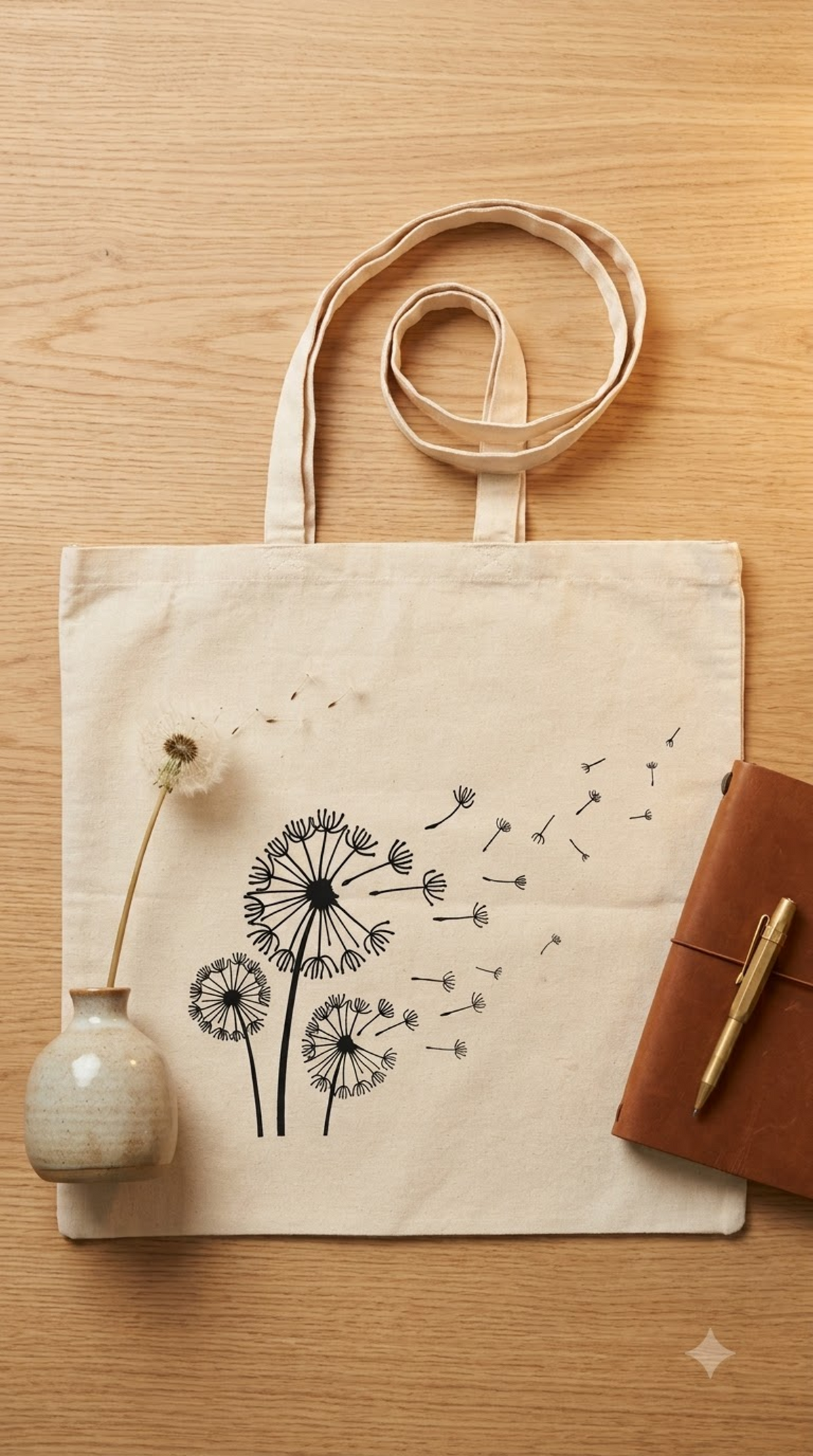 Cream cotton tote bag printed with three black dandelion heads and seeds drifting to the right