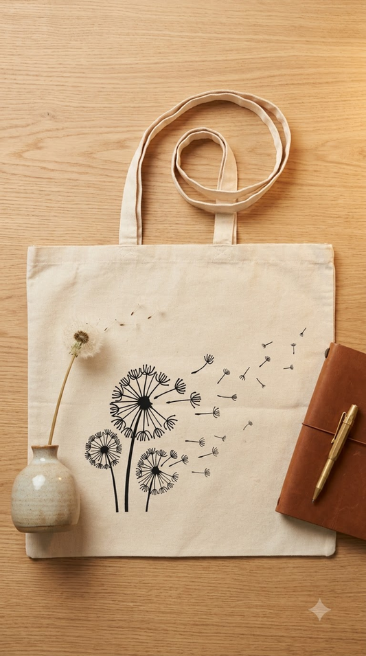 Cream cotton tote bag printed with three black dandelion heads and seeds drifting to the right