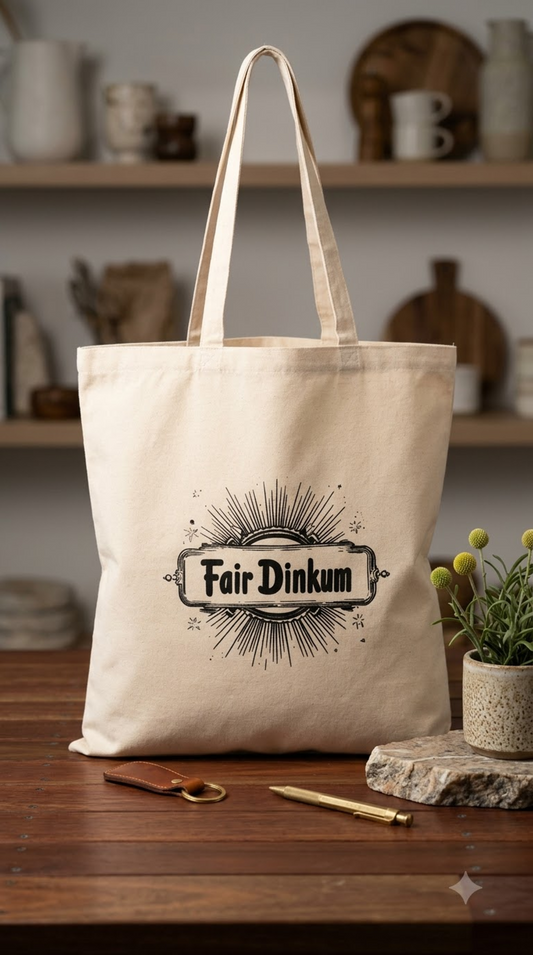 Cream cotton tote bag printed with the words Fair Dinkum in an ornate sign-painter's frame with a sunburst behind