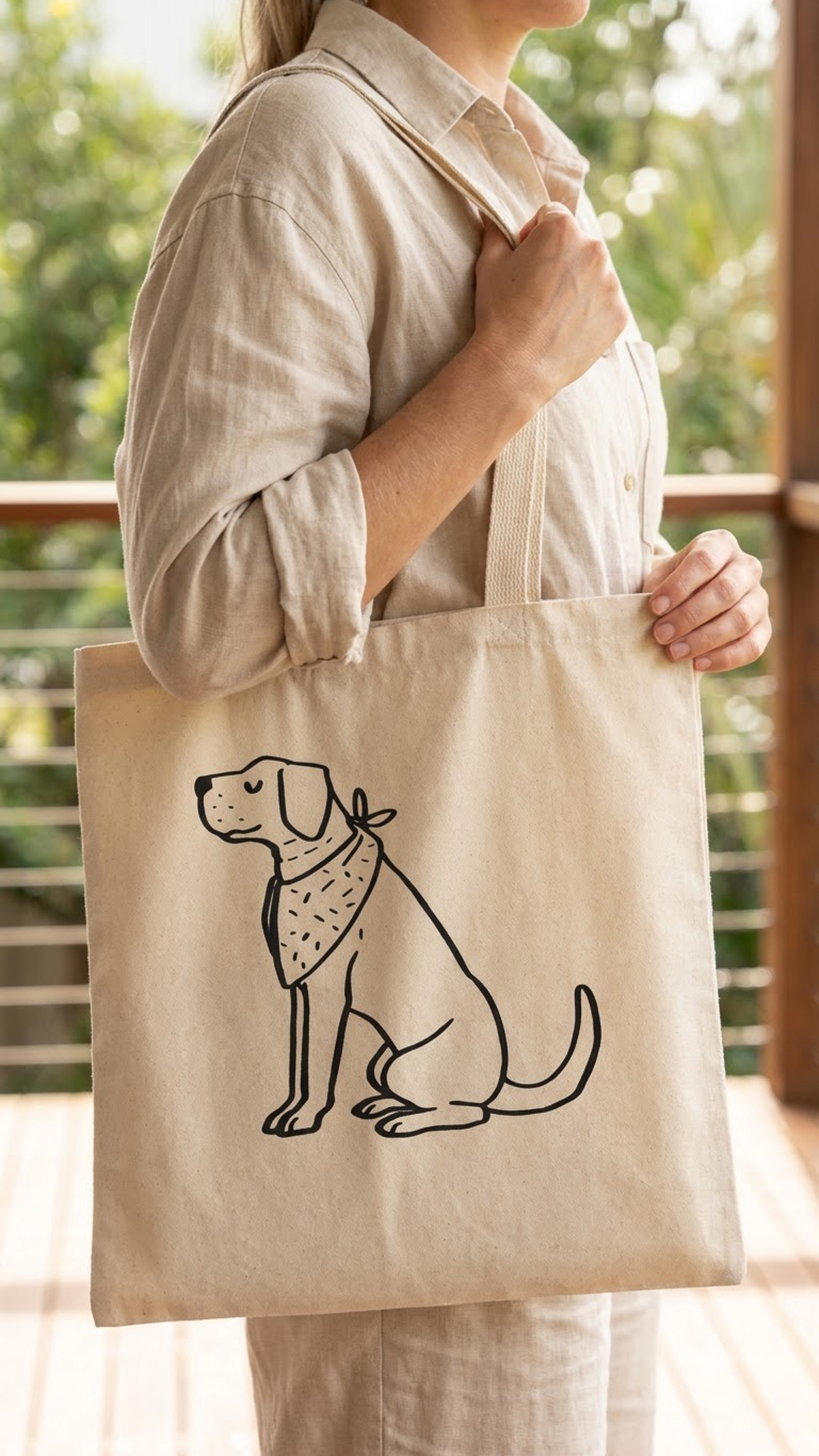 Cream cotton tote bag printed with a line drawing of a sitting dog wearing a spotted bandana