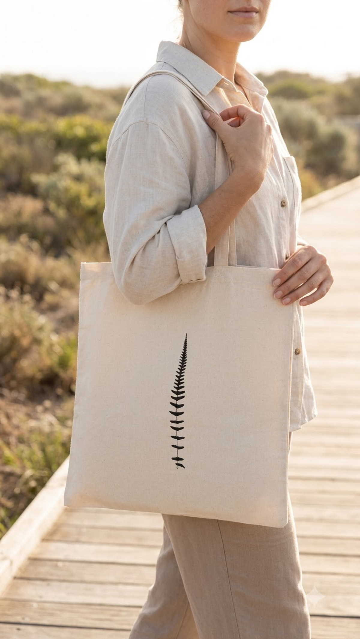 Cream cotton tote bag printed with a single black fern frond running up the centre