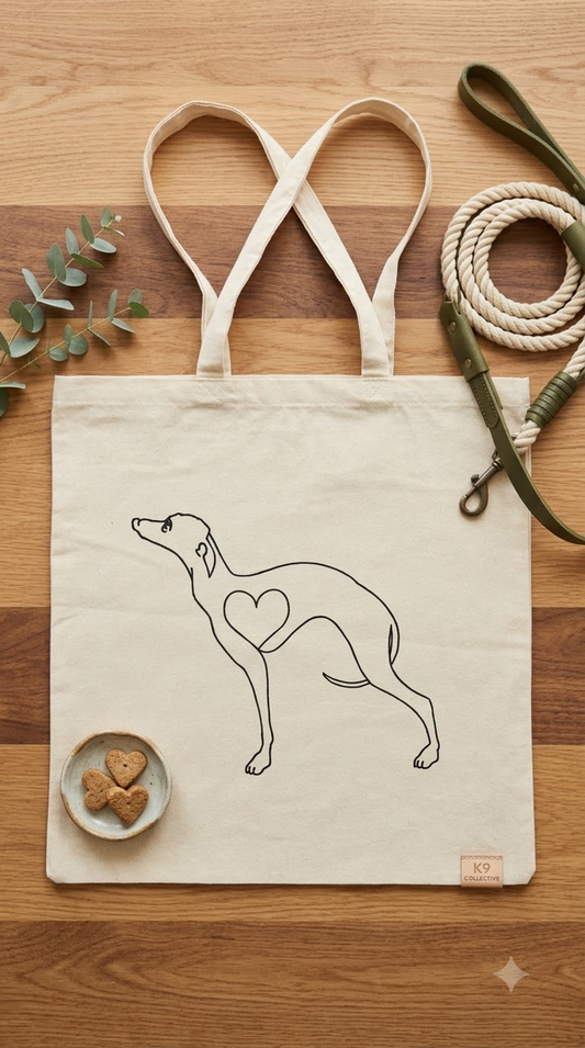 Cream cotton tote bag printed with a single-line greyhound at full stretch, a heart drawn into its chest