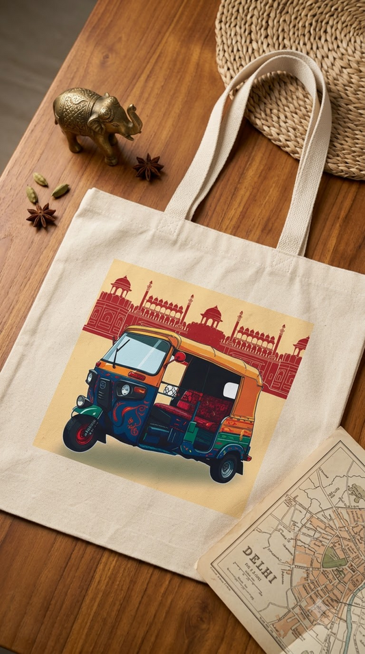 Cream cotton tote bag with a full-colour print of a green and yellow auto rickshaw in front of a red Mughal facade