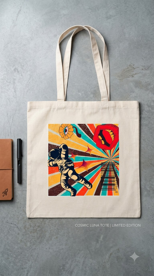 Cream cotton tote bag with a full-colour retro print of an astronaut against an orange and teal starburst