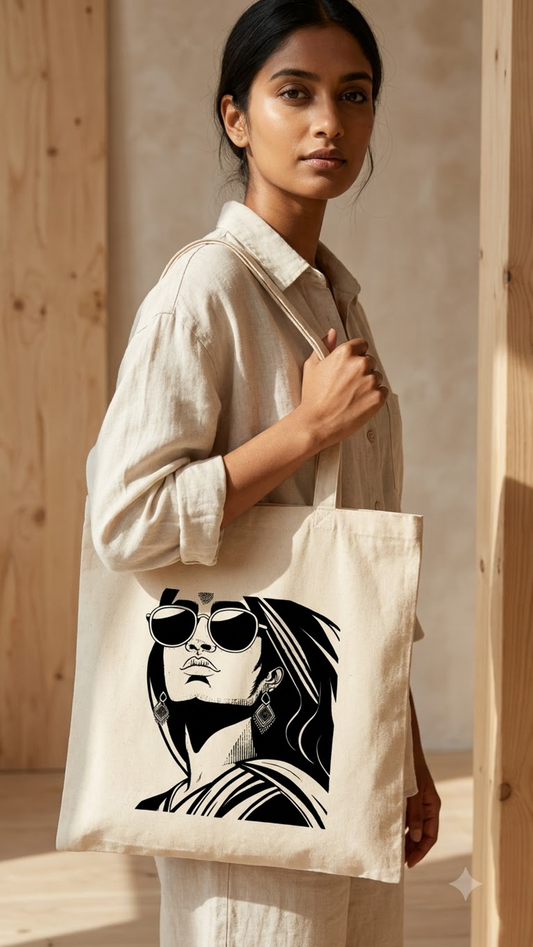 Cream cotton tote bag printed with a high-contrast black and white portrait of a woman in aviator sunglasses