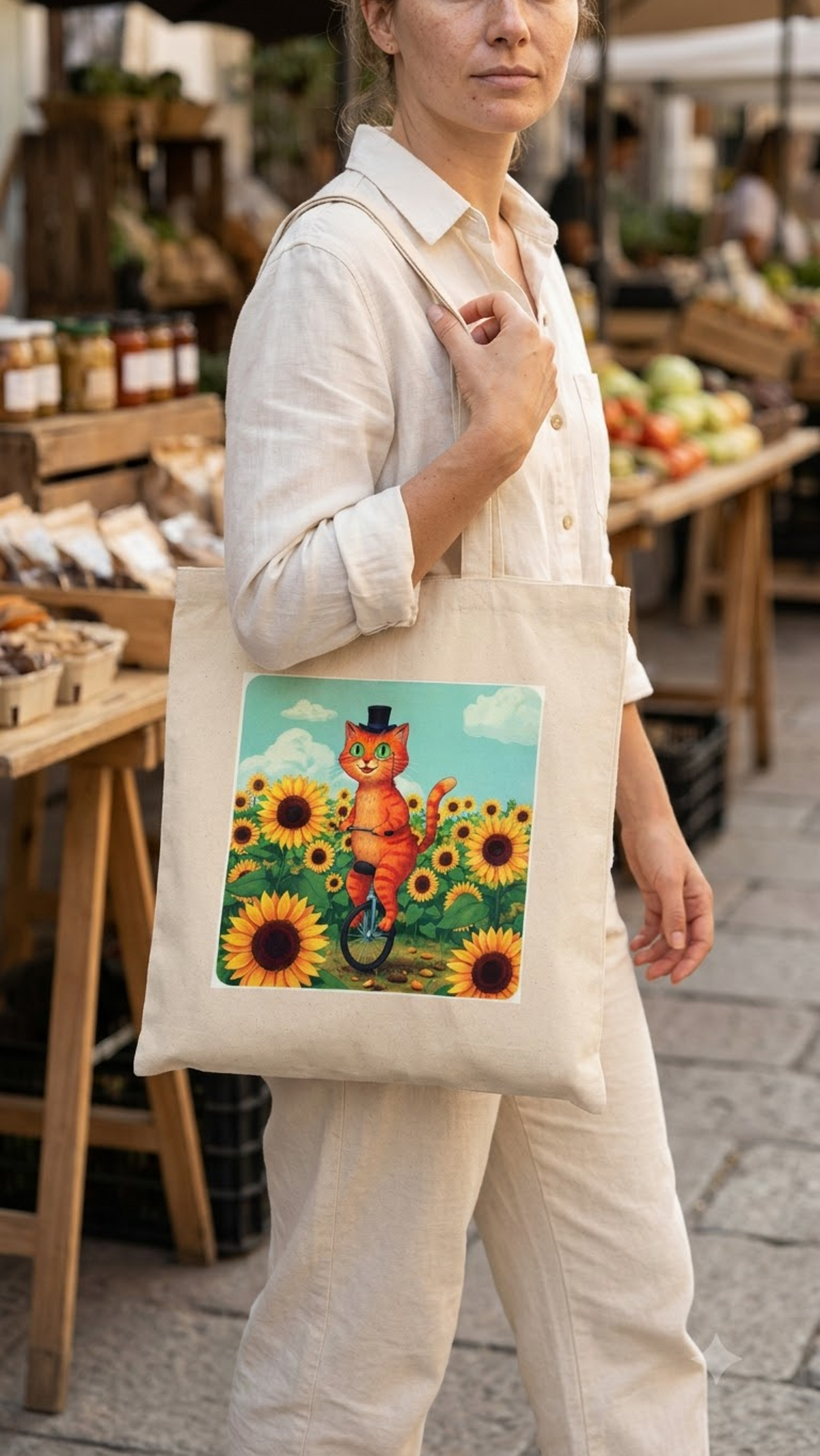 Cream cotton tote bag with a full-colour print of a ginger cat in a top hat riding a unicycle through sunflowers