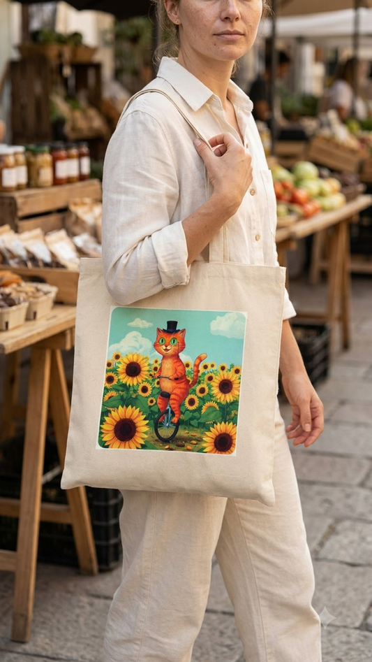 Cream cotton tote bag with a full-colour print of a ginger cat in a top hat riding a unicycle through sunflowers