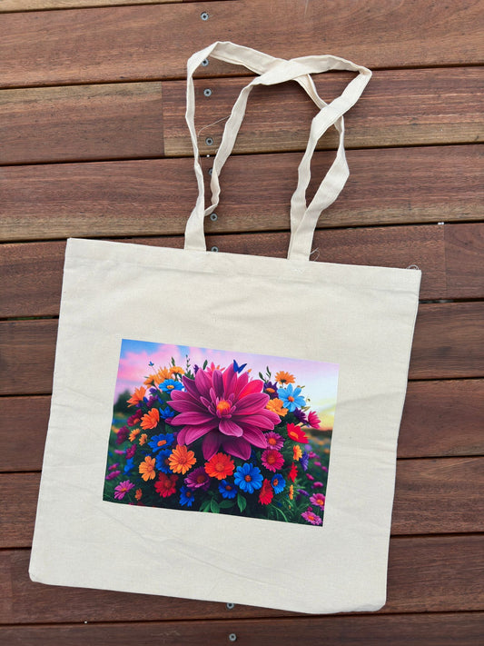 Cream cotton tote bag with a full-colour photographic print of a pink dahlia surrounded by wildflowers