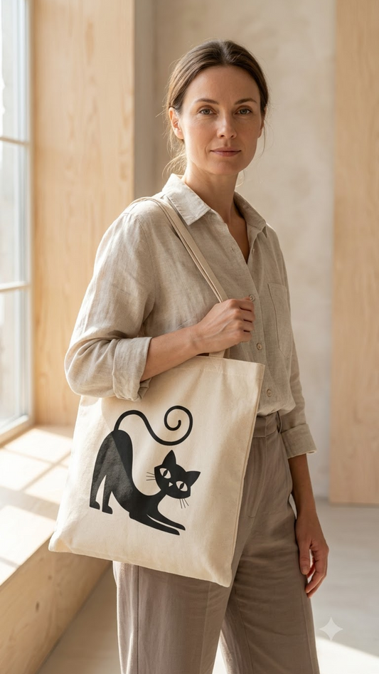 Cream cotton tote bag printed with a solid black cat stretching, tail curled over its back